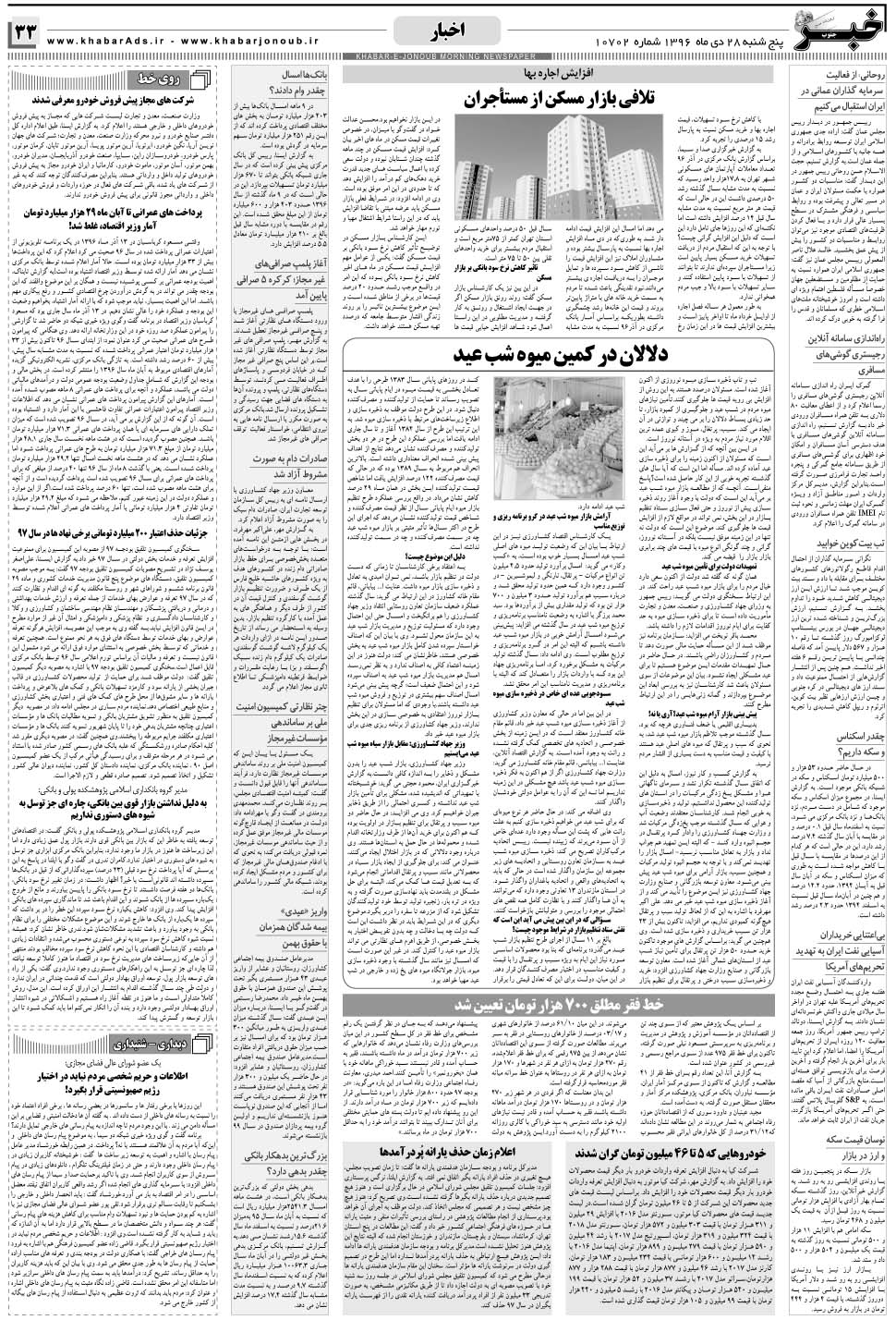 مشاهده صفحه ۳۳ روزنامه خبرجنوب تاریخ ۲۸ دی سال ۱۳۹۶