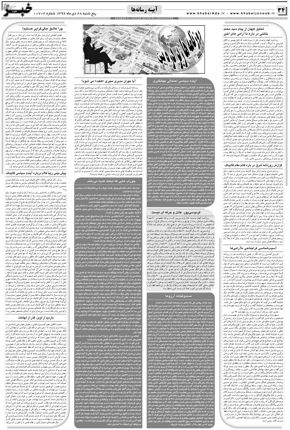 مشاهده صفحه ۳۴ روزنامه خبرجنوب تاریخ ۲۸ دی سال ۱۳۹۶