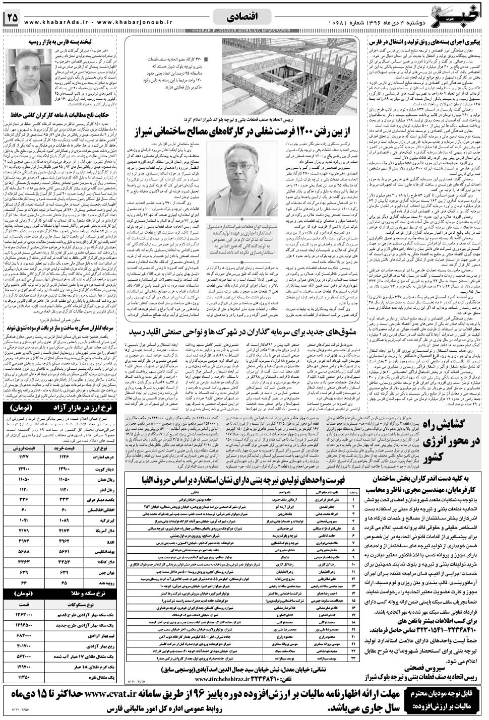 مشاهده صفحه ۲۵ روزنامه خبرجنوب تاریخ ۴ دی سال ۱۳۹۶