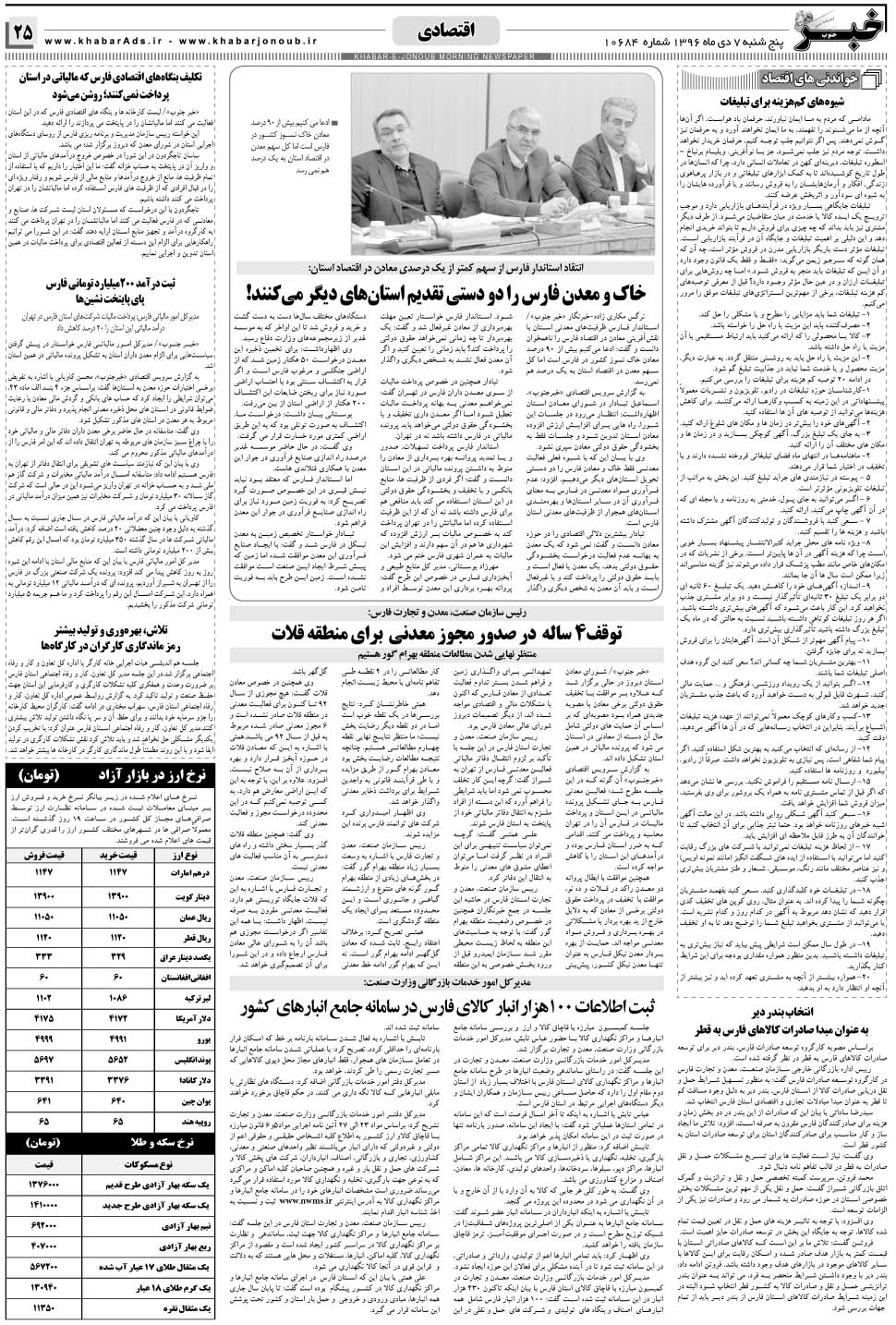 مشاهده صفحه ۲۵ روزنامه خبرجنوب تاریخ ۷ دی سال ۱۳۹۶