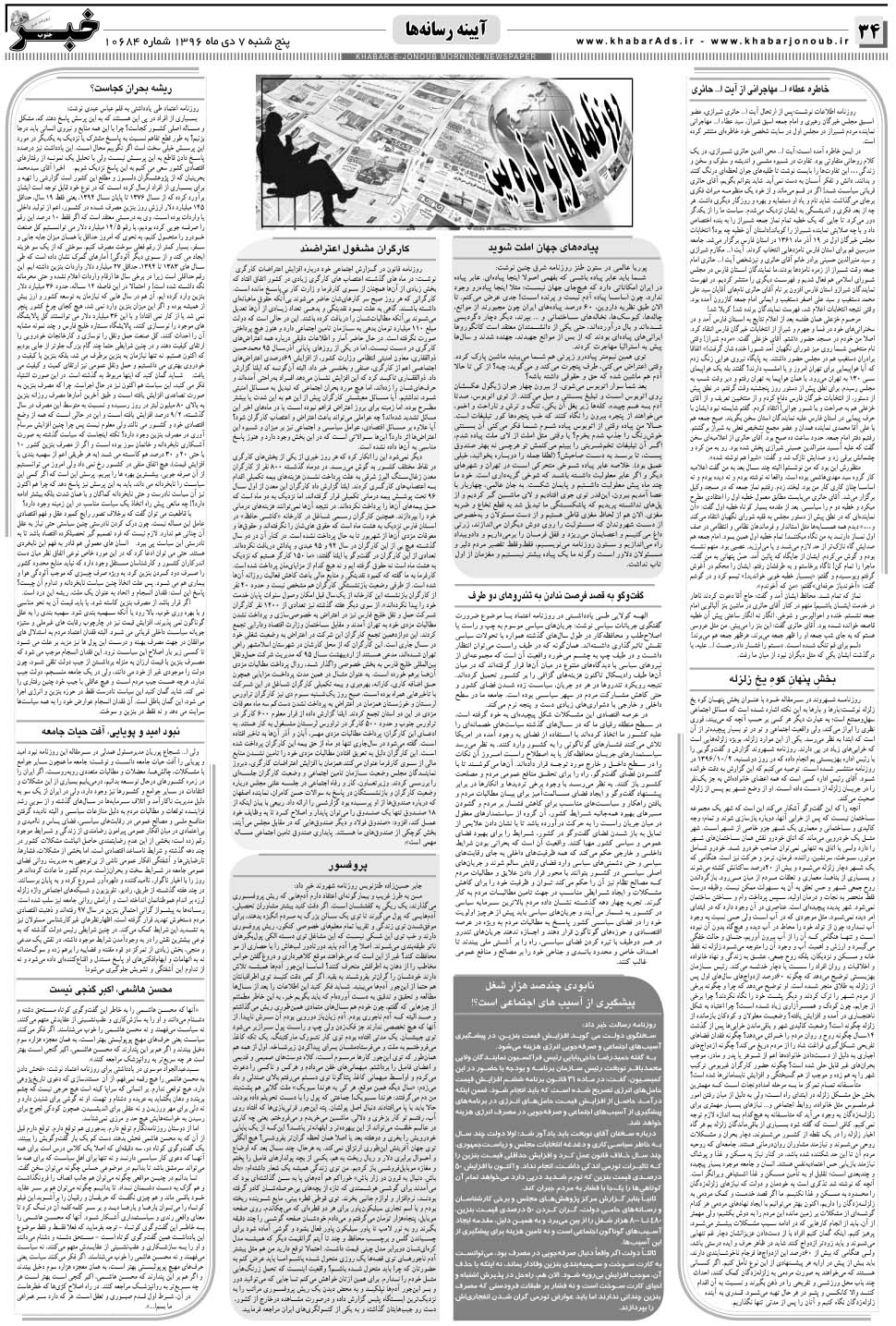 مشاهده صفحه ۳۴ روزنامه خبرجنوب تاریخ ۷ دی سال ۱۳۹۶