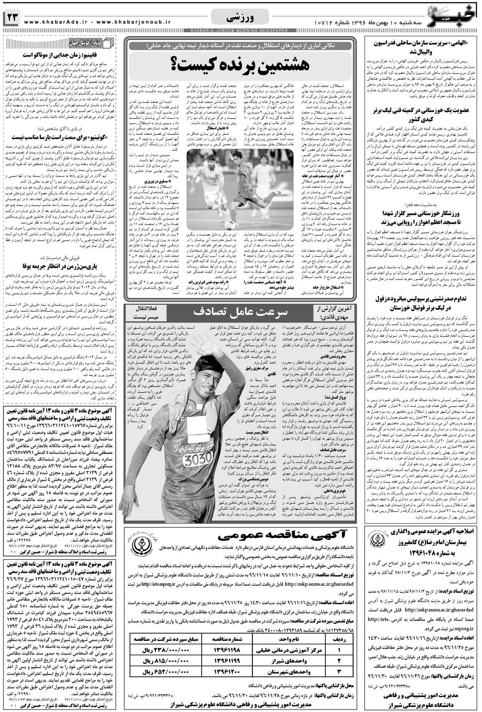 مشاهده صفحه ۲۳ روزنامه خبرجنوب تاریخ ۱۰ بهمن سال ۱۳۹۶