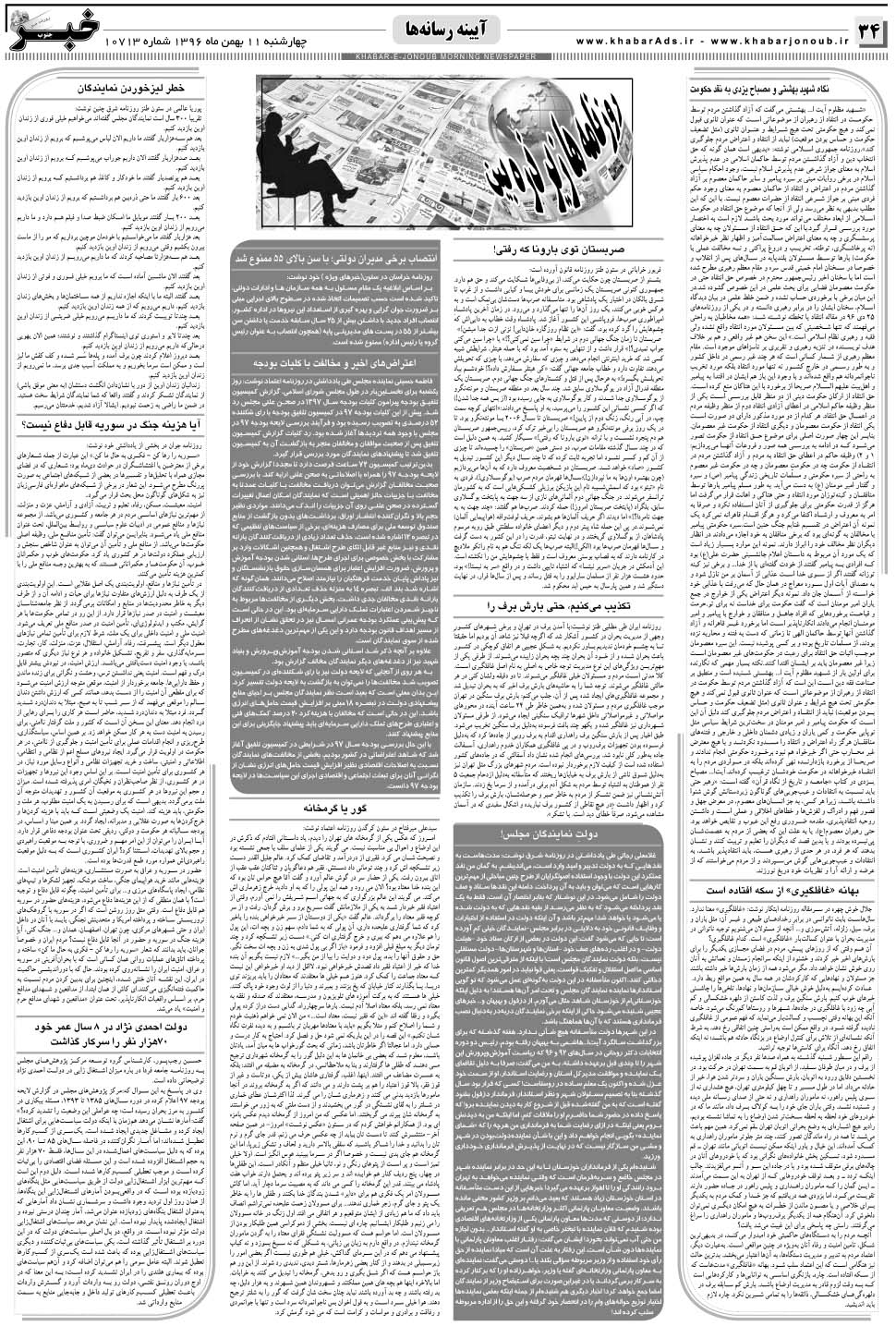 مشاهده صفحه ۳۴ روزنامه خبرجنوب تاریخ ۱۱ بهمن سال ۱۳۹۶