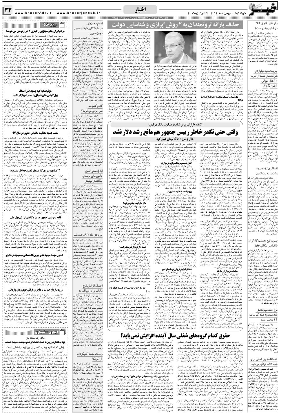 مشاهده صفحه ۳۳ روزنامه خبرجنوب تاریخ ۲ بهمن سال ۱۳۹۶