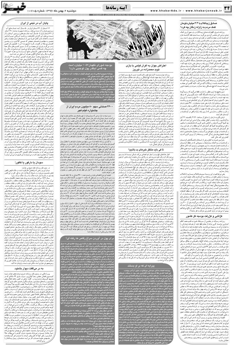 مشاهده صفحه ۳۴ روزنامه خبرجنوب تاریخ ۲ بهمن سال ۱۳۹۶