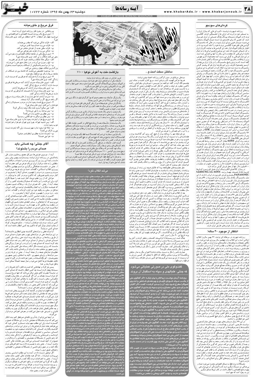 مشاهده صفحه ۳۸ روزنامه خبرجنوب تاریخ ۲۳ بهمن سال ۱۳۹۶