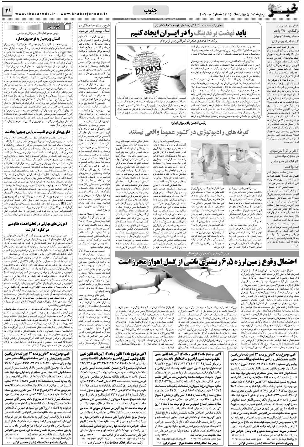 مشاهده صفحه ۲۱ روزنامه خبرجنوب تاریخ ۵ بهمن سال ۱۳۹۶