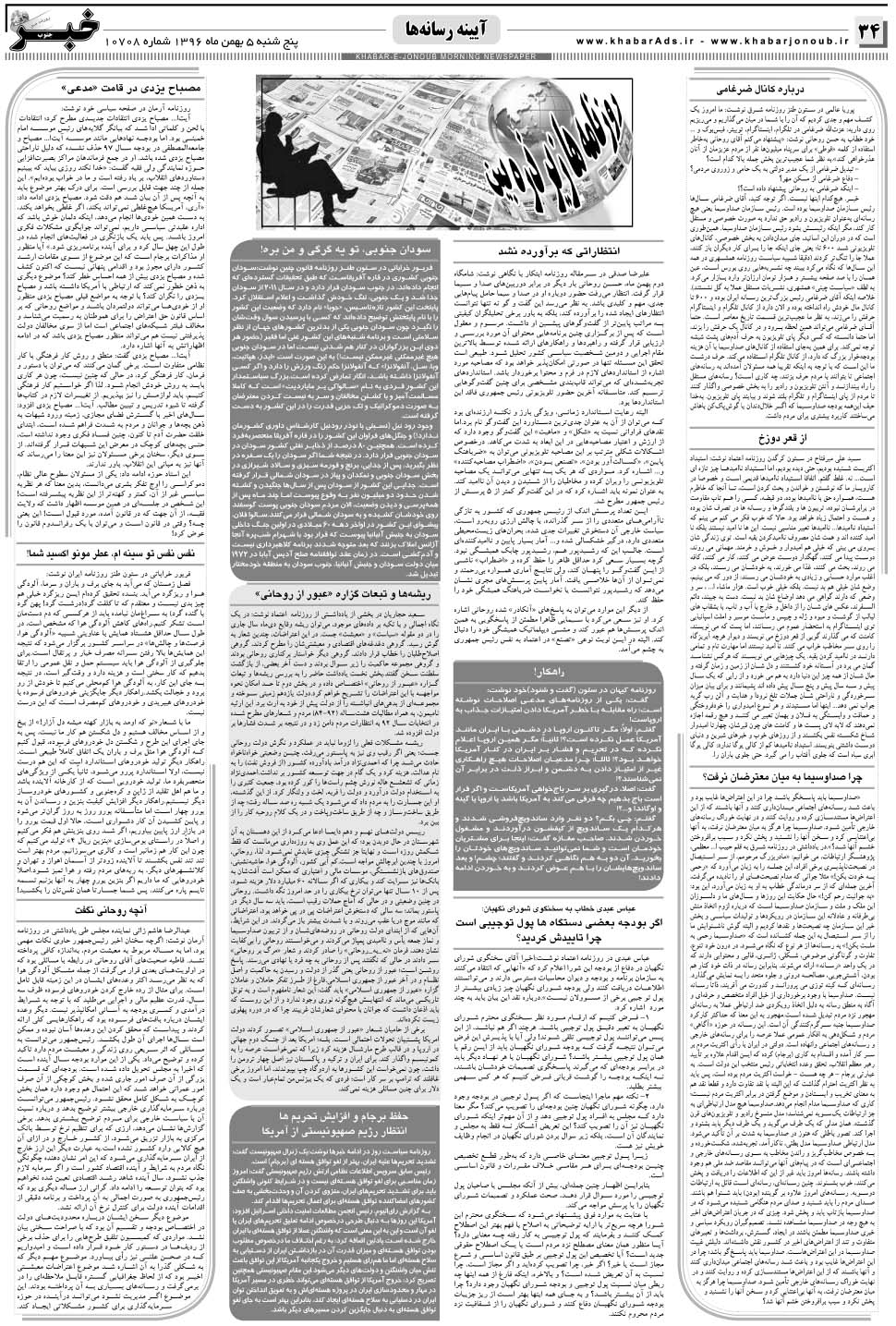 مشاهده صفحه ۳۴ روزنامه خبرجنوب تاریخ ۵ بهمن سال ۱۳۹۶