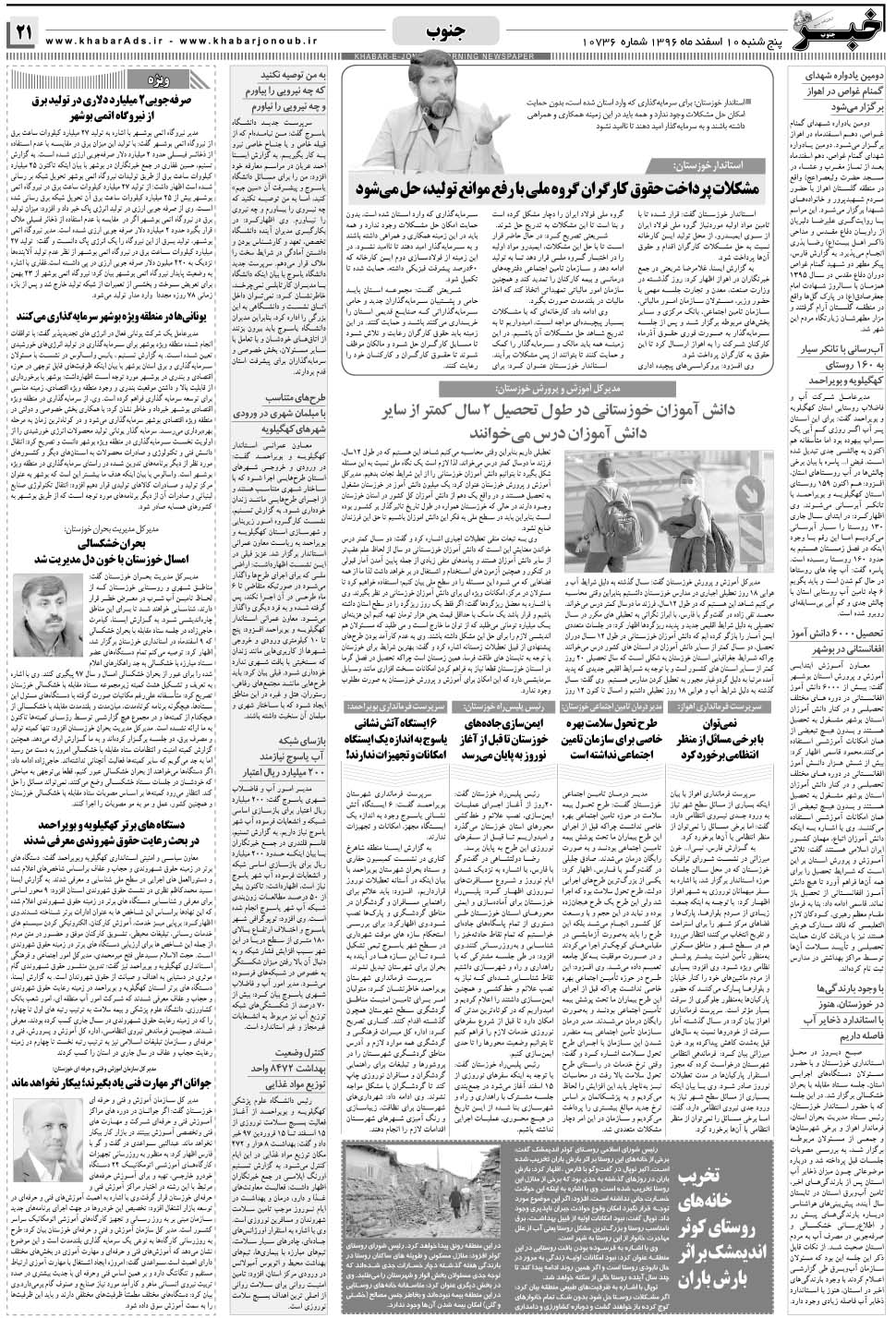 مشاهده صفحه ۲۱ روزنامه خبرجنوب تاریخ ۱۰ اسفند سال ۱۳۹۶