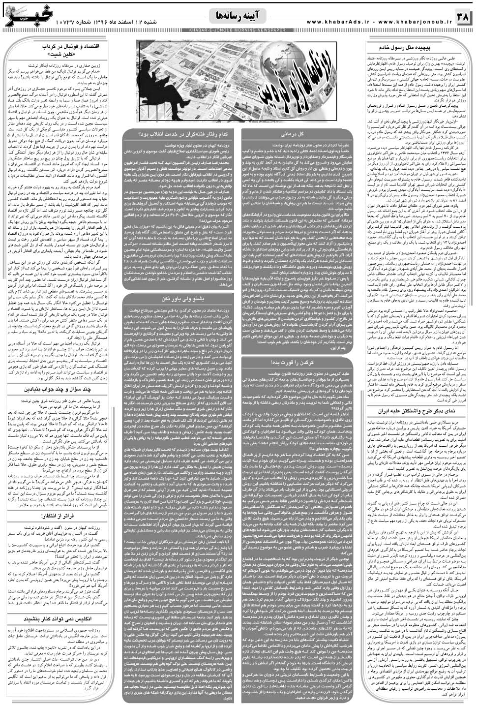 مشاهده صفحه ۳۸ روزنامه خبرجنوب تاریخ ۱۲ اسفند سال ۱۳۹۶