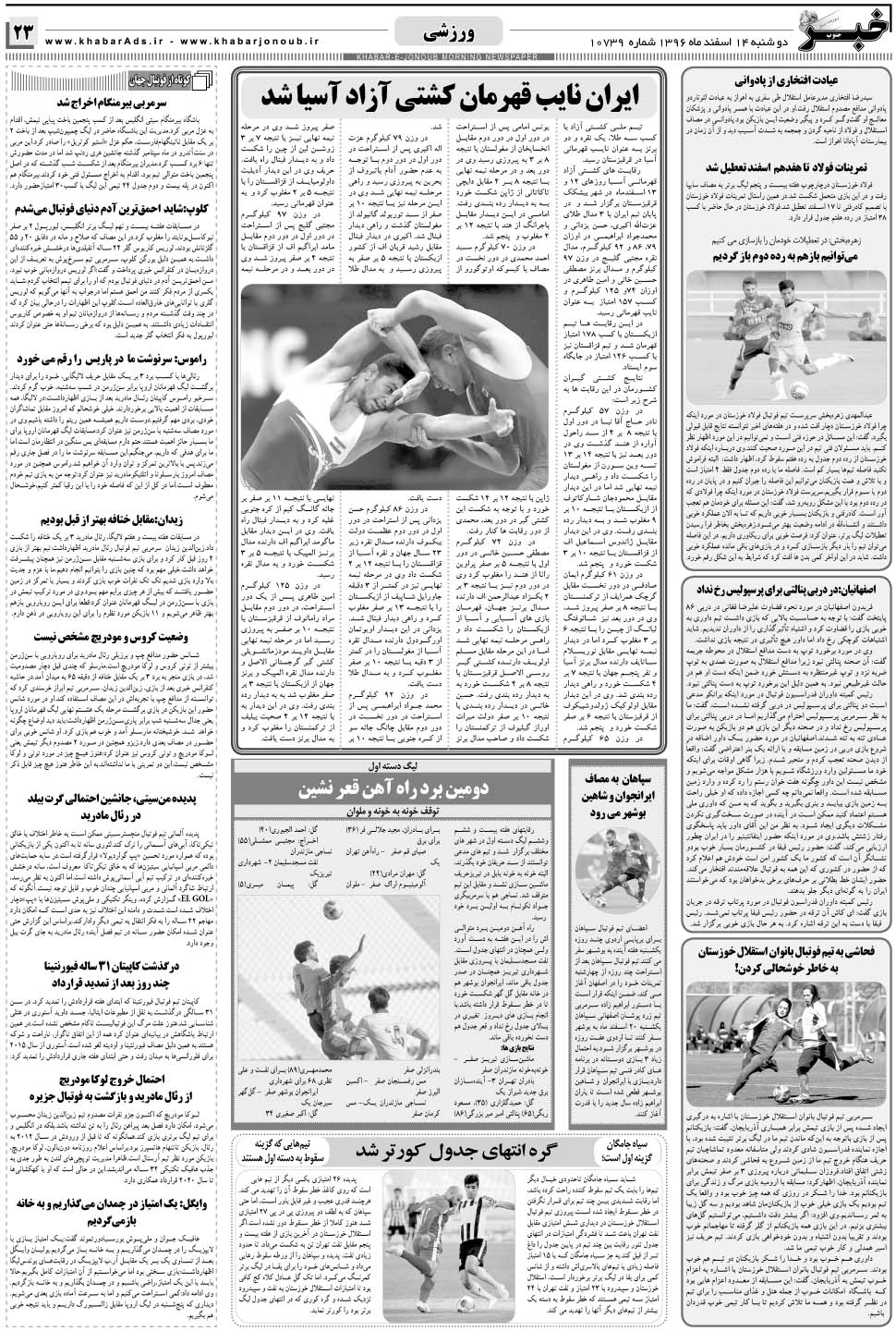 مشاهده صفحه ۲۳ روزنامه خبرجنوب تاریخ ۱۴ اسفند سال ۱۳۹۶