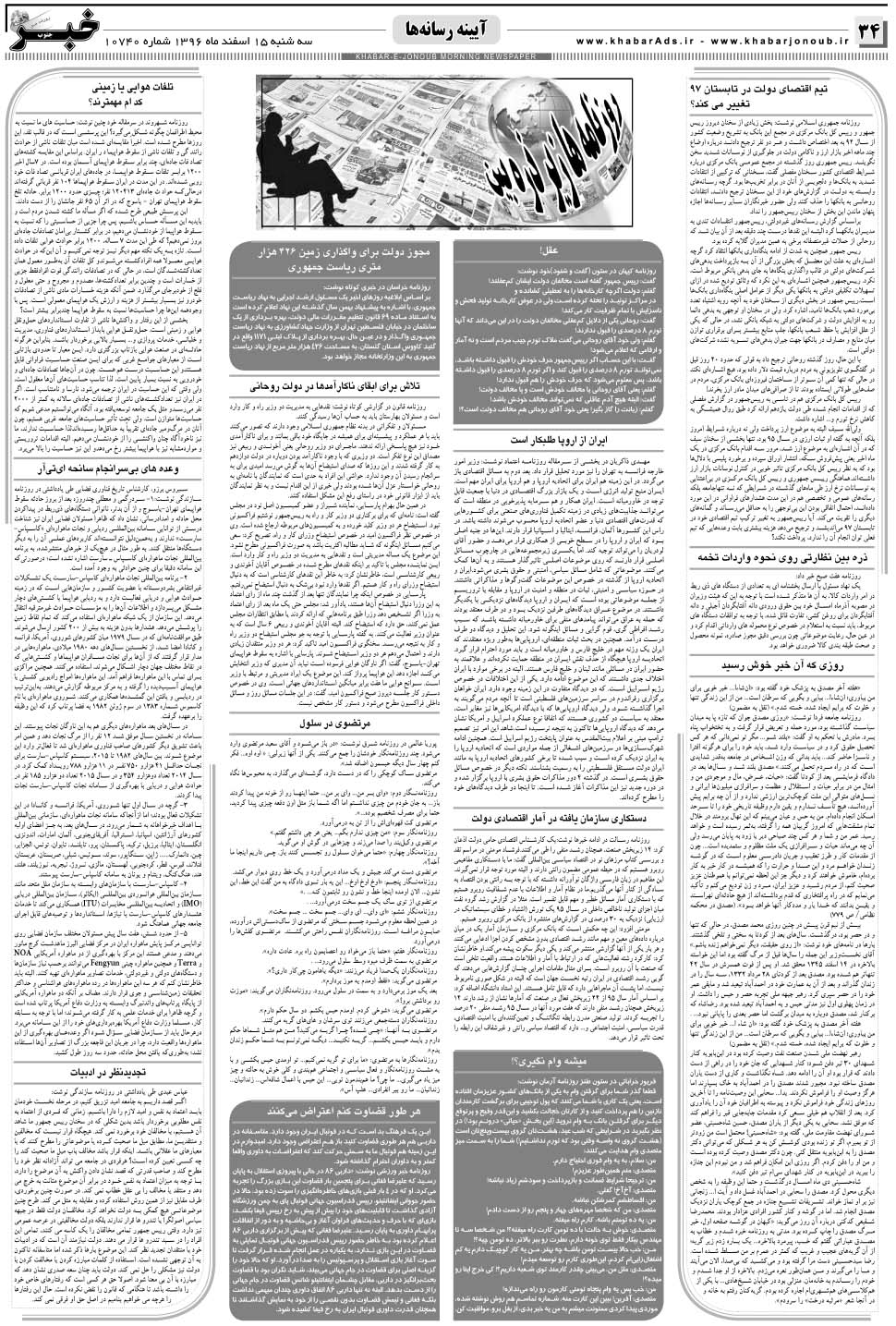 مشاهده صفحه ۳۴ روزنامه خبرجنوب تاریخ ۱۵ اسفند سال ۱۳۹۶