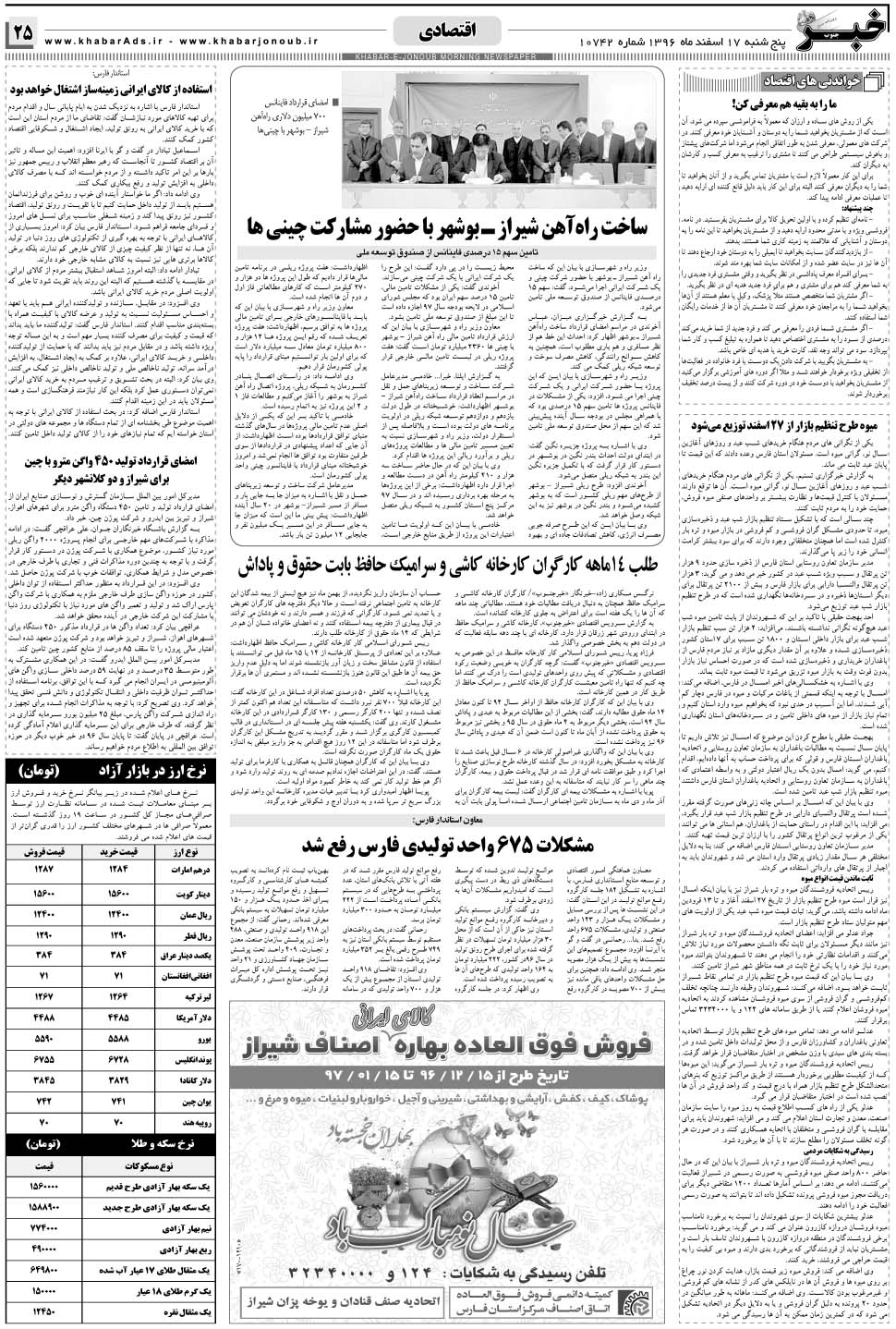مشاهده صفحه ۲۵ روزنامه خبرجنوب تاریخ ۱۷ اسفند سال ۱۳۹۶
