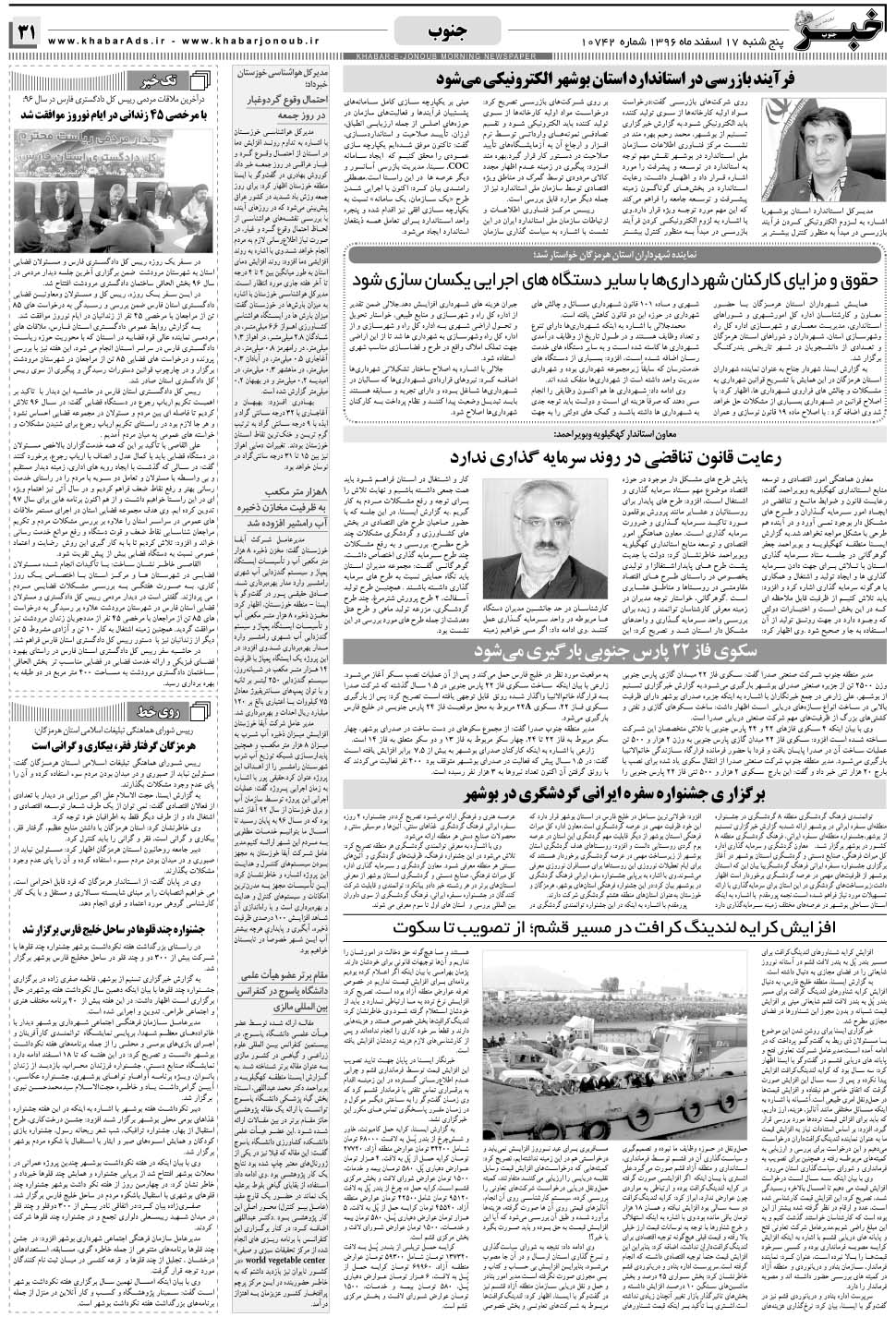مشاهده صفحه ۳۱ روزنامه خبرجنوب تاریخ ۱۷ اسفند سال ۱۳۹۶