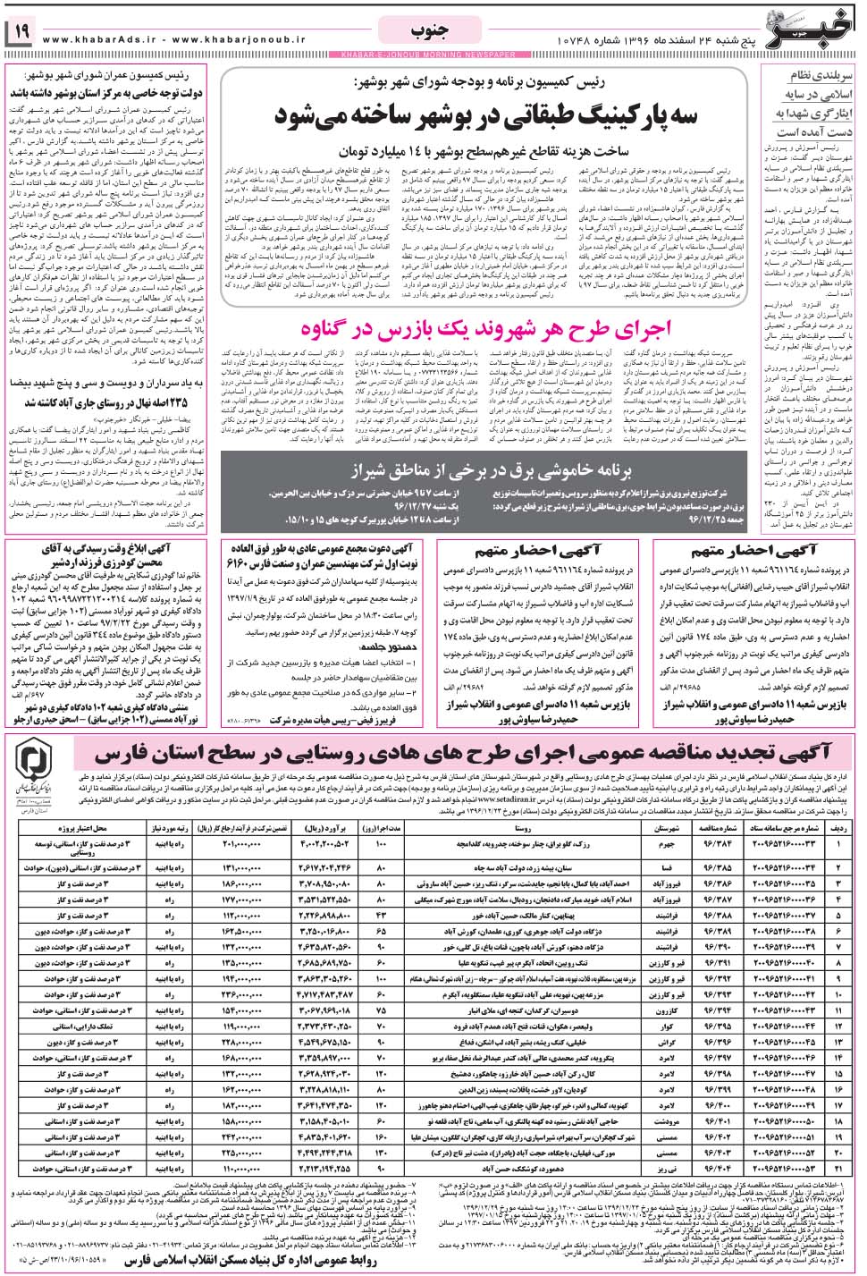 مشاهده صفحه ۱۹ روزنامه خبرجنوب تاریخ ۲۴ اسفند سال ۱۳۹۶