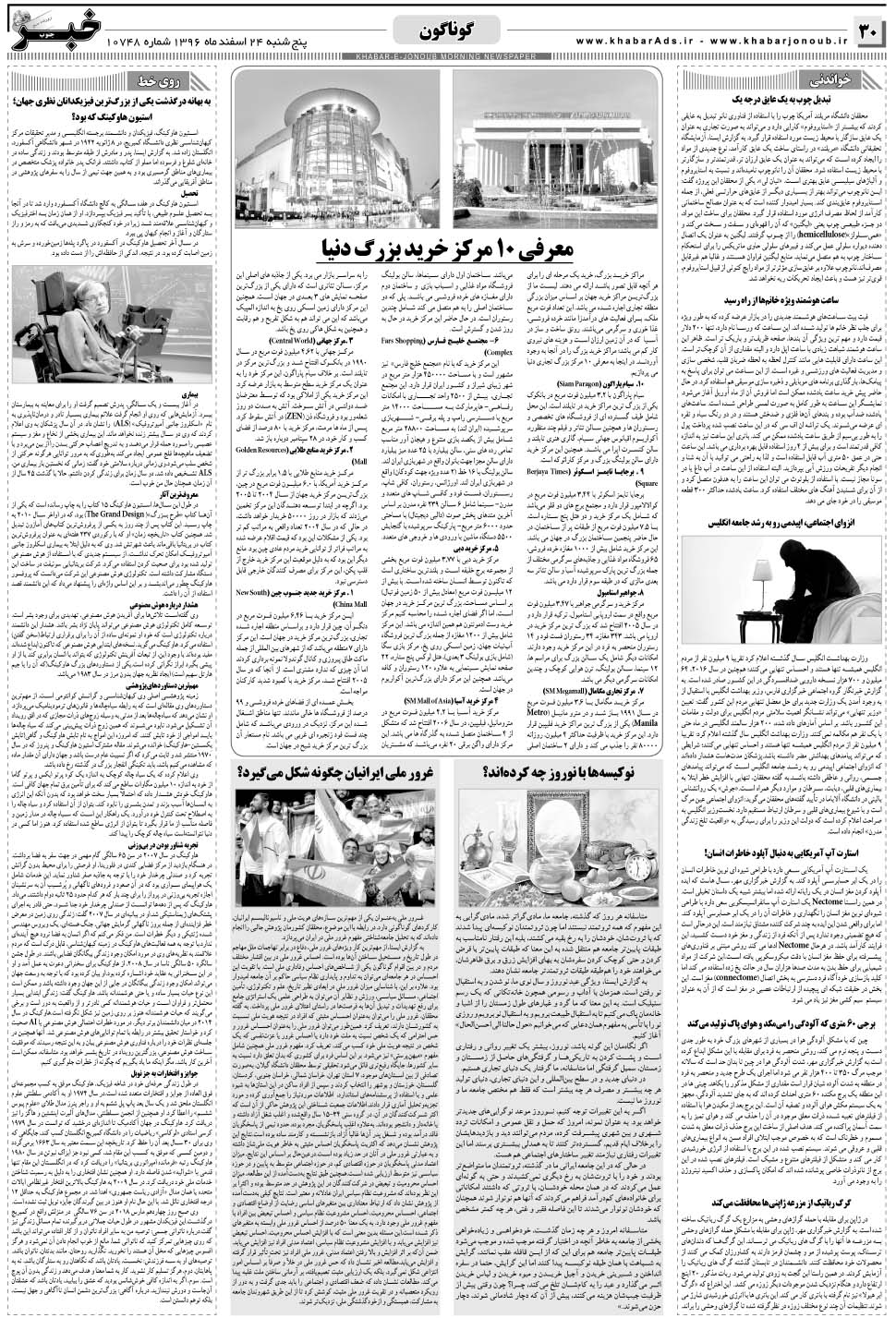 مشاهده صفحه ۳۰ روزنامه خبرجنوب تاریخ ۲۴ اسفند سال ۱۳۹۶