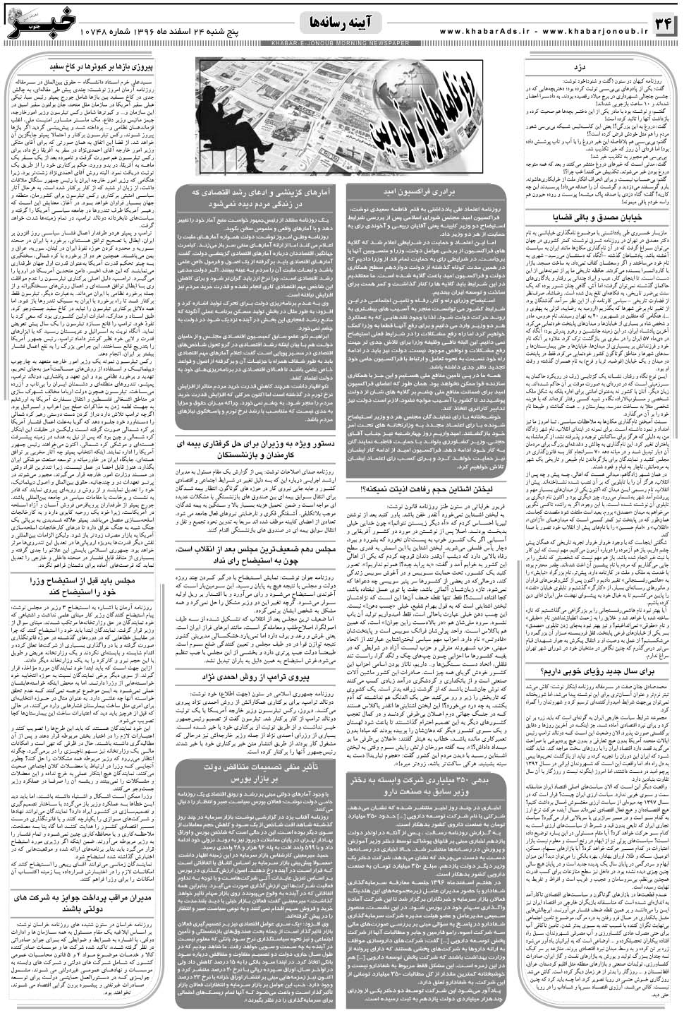 مشاهده صفحه ۳۴ روزنامه خبرجنوب تاریخ ۲۴ اسفند سال ۱۳۹۶