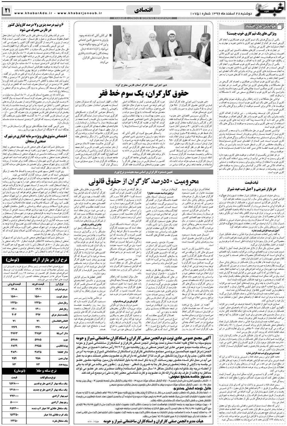مشاهده صفحه ۲۱ روزنامه خبرجنوب تاریخ ۲۸ اسفند سال ۱۳۹۶