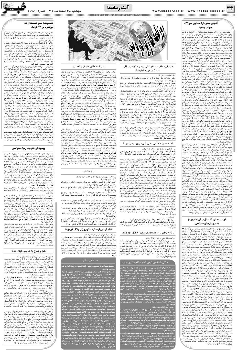 مشاهده صفحه ۳۴ روزنامه خبرجنوب تاریخ ۲۸ اسفند سال ۱۳۹۶