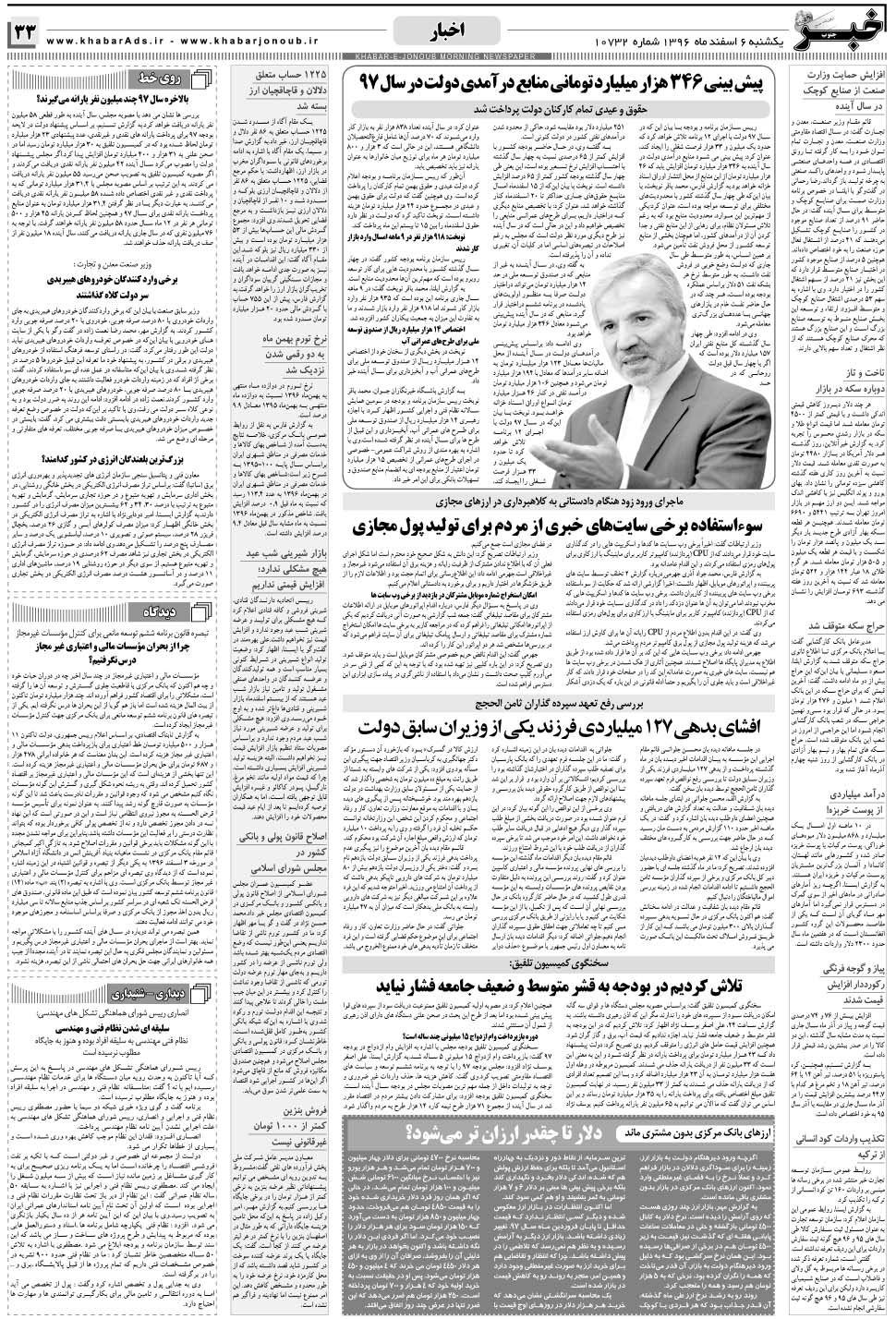 مشاهده صفحه ۳۳ روزنامه خبرجنوب تاریخ ۶ اسفند سال ۱۳۹۶