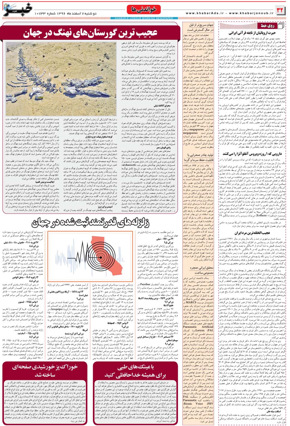 مشاهده صفحه ۳۲ روزنامه خبرجنوب تاریخ ۷ اسفند سال ۱۳۹۶