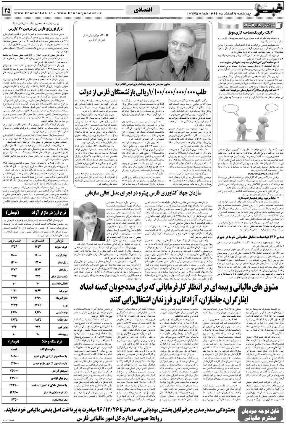 مشاهده صفحه ۲۵ روزنامه خبرجنوب تاریخ ۹ اسفند سال ۱۳۹۶