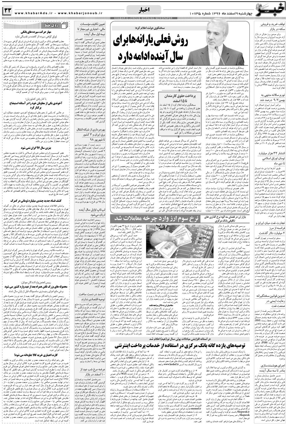 مشاهده صفحه ۳۳ روزنامه خبرجنوب تاریخ ۹ اسفند سال ۱۳۹۶