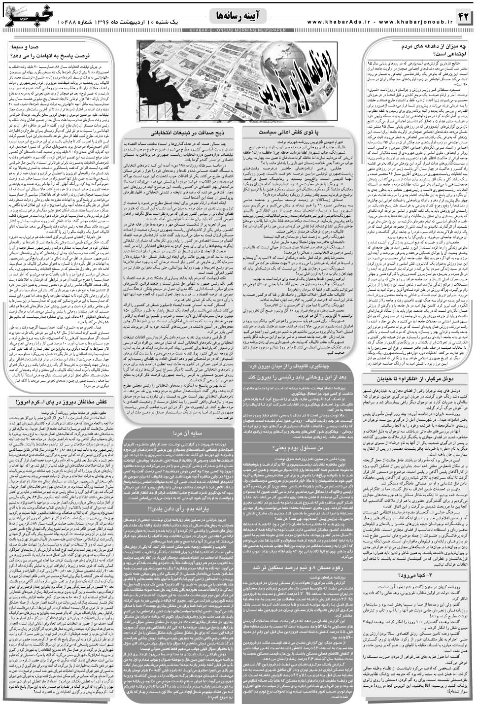 مشاهده صفحه ۴۲ روزنامه خبرجنوب تاریخ ۱۰  سال ۱۳۹۶
