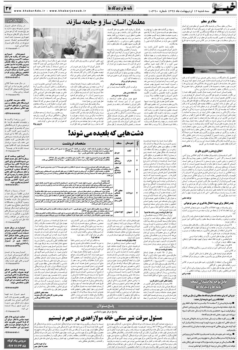مشاهده صفحه ۳۷ روزنامه خبرجنوب تاریخ ۱۲  سال ۱۳۹۶