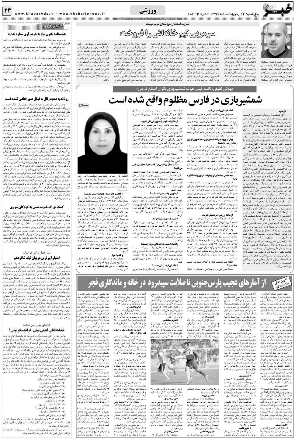 مشاهده صفحه ۲۳ روزنامه خبرجنوب تاریخ ۱۴  سال ۱۳۹۶