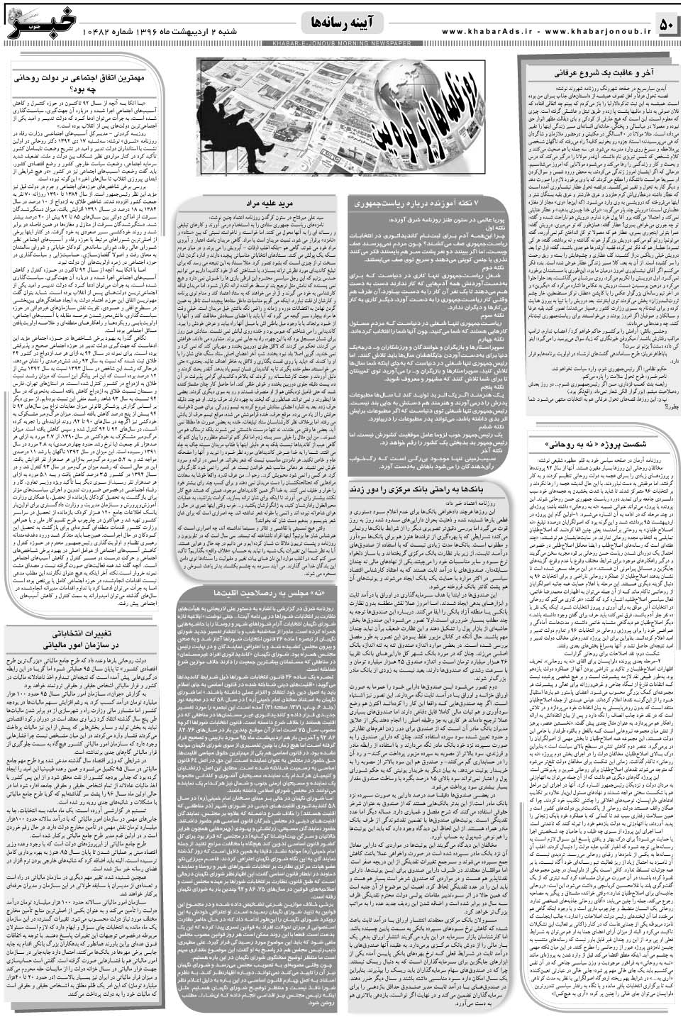 مشاهده صفحه ۵۰ روزنامه خبرجنوب تاریخ ۲  سال ۱۳۹۶