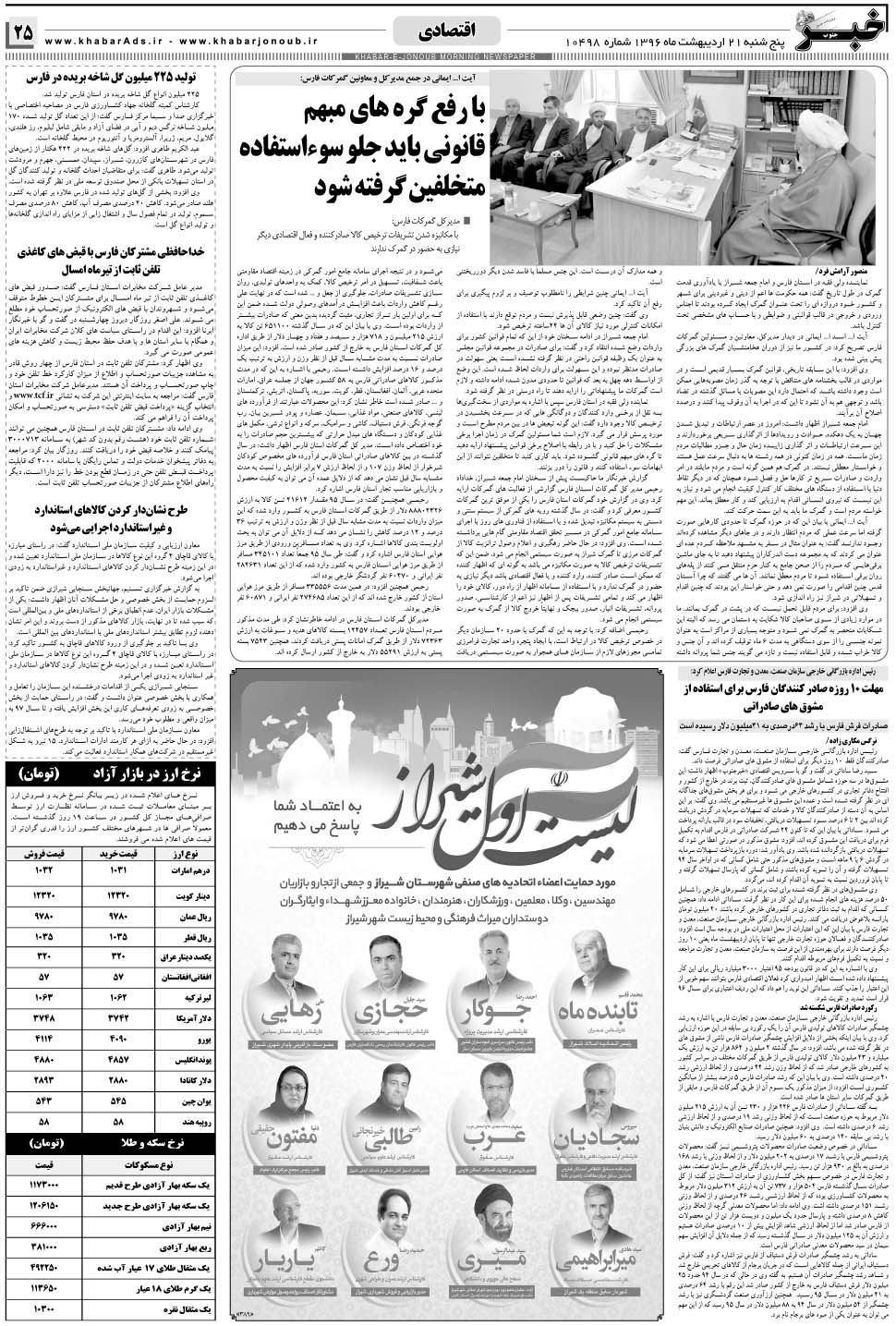 مشاهده صفحه ۲۵ روزنامه خبرجنوب تاریخ ۲۱  سال ۱۳۹۶