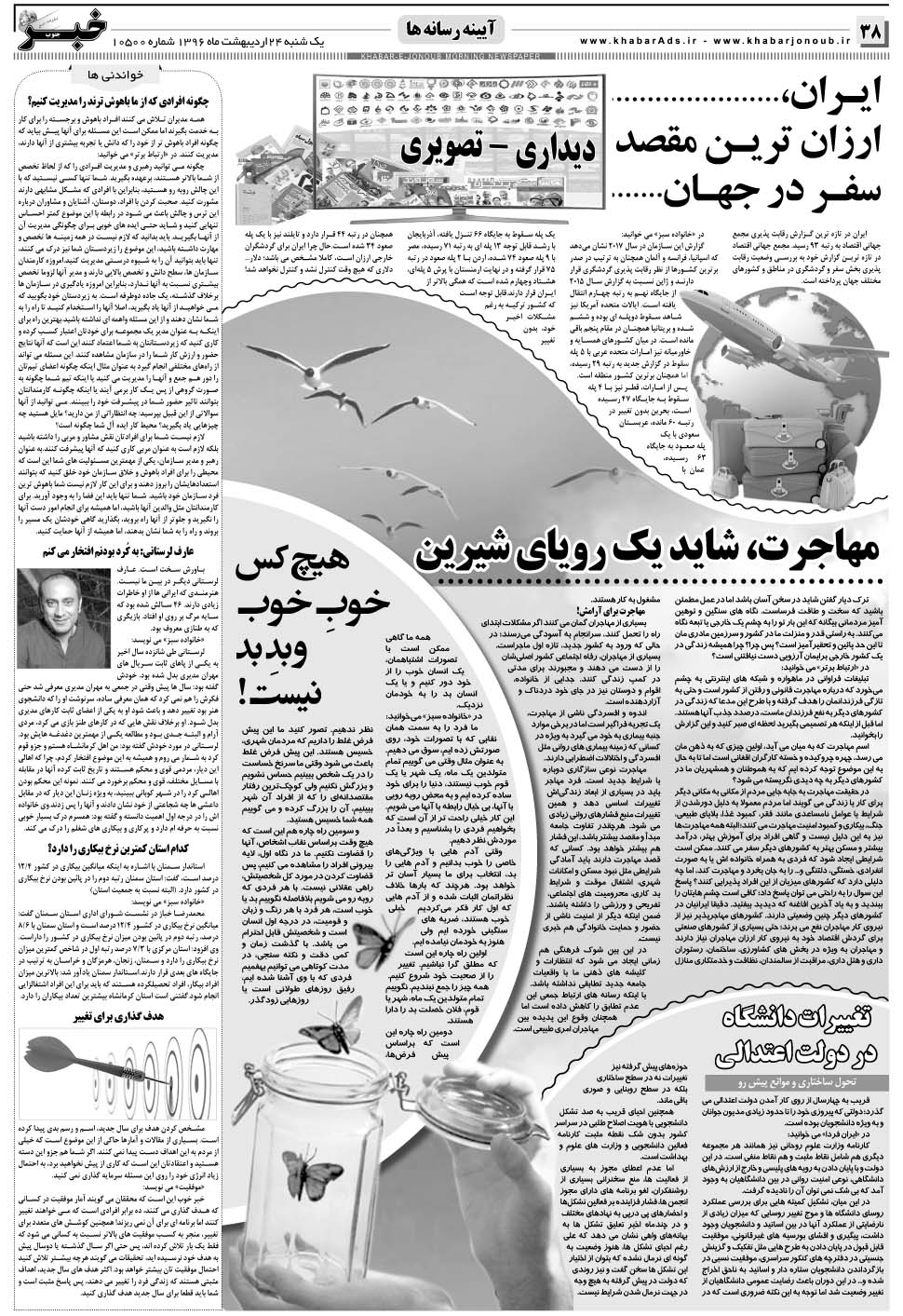 مشاهده صفحه ۳۸ روزنامه خبرجنوب تاریخ ۲۴  سال ۱۳۹۶