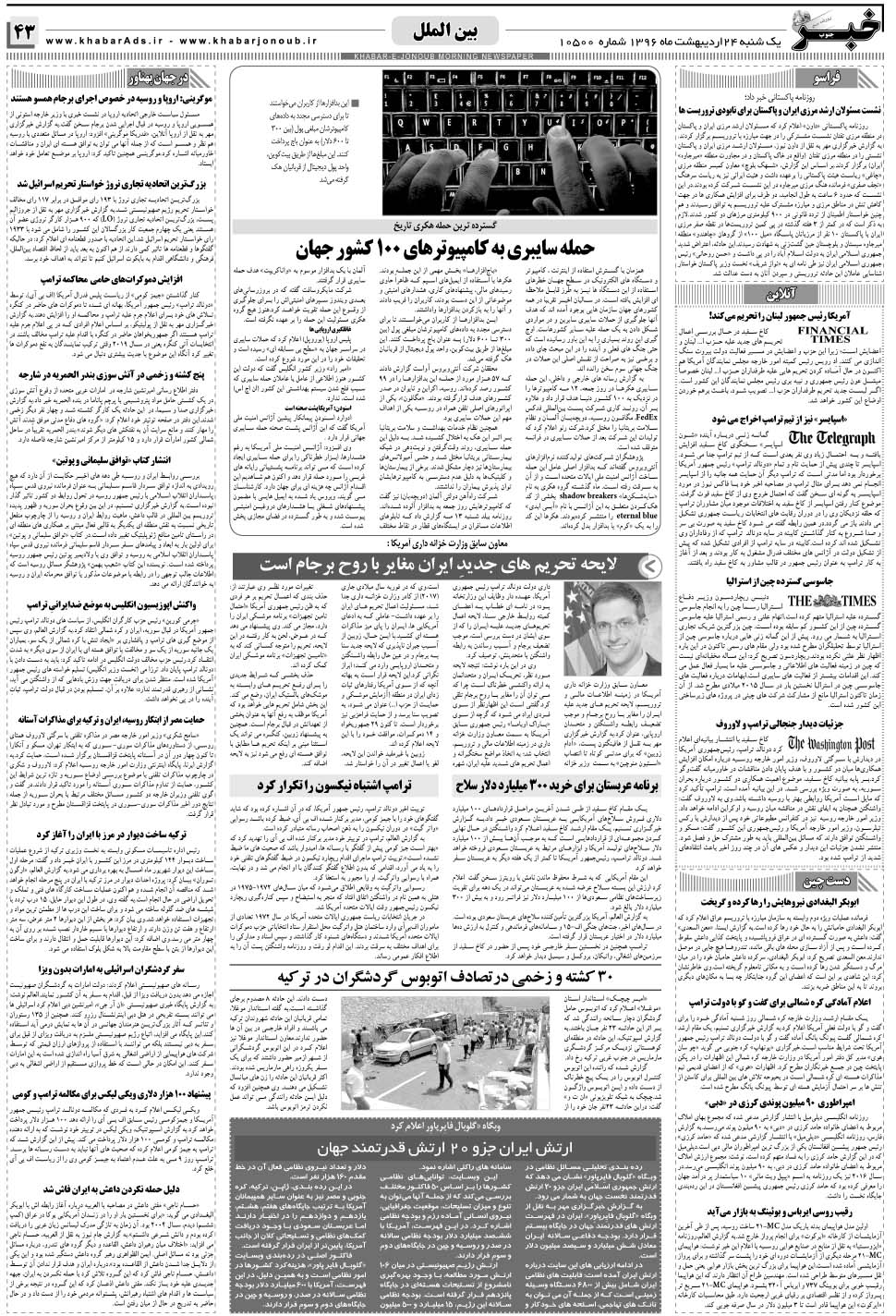 مشاهده صفحه ۴۳ روزنامه خبرجنوب تاریخ ۲۴  سال ۱۳۹۶