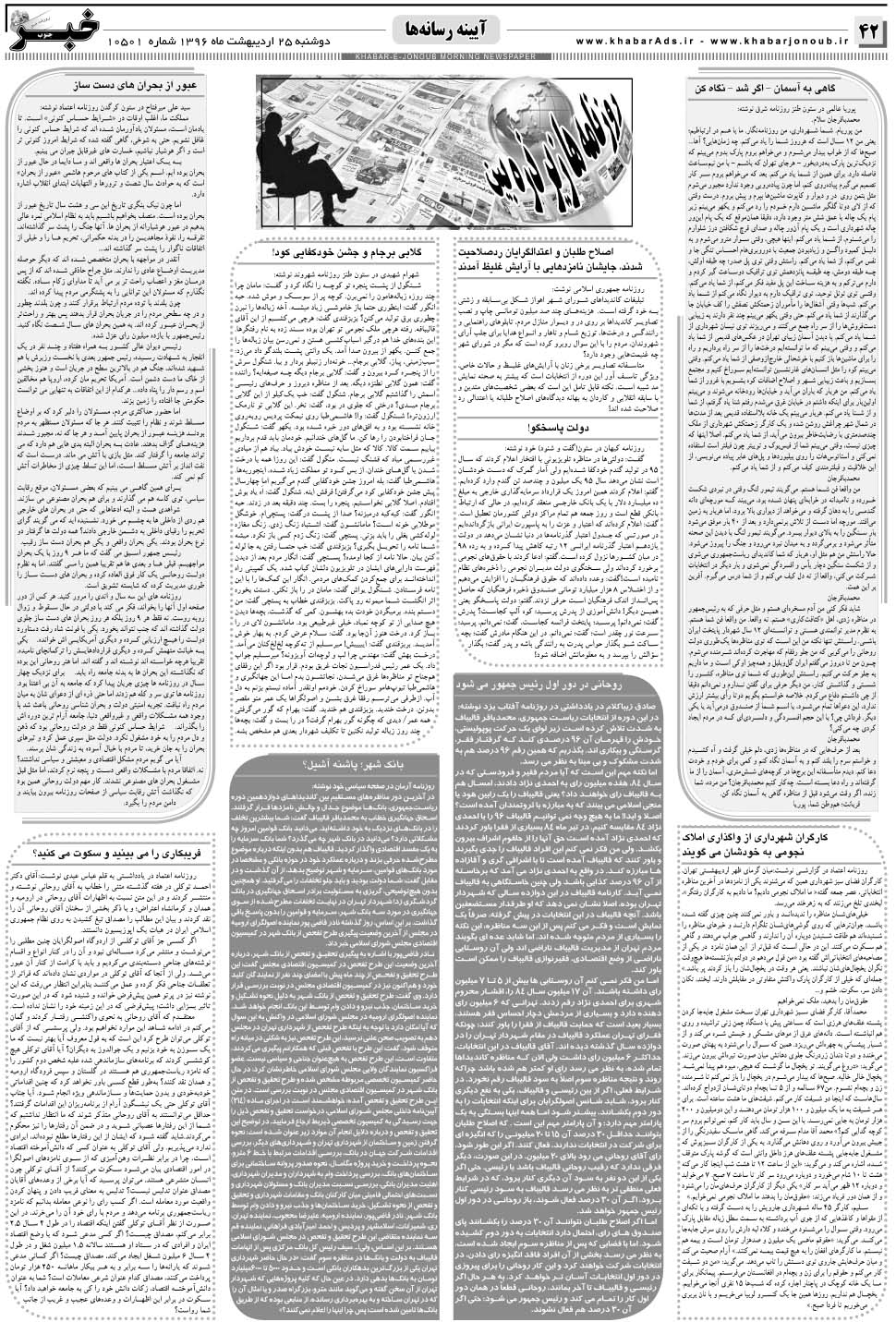 مشاهده صفحه ۴۲ روزنامه خبرجنوب تاریخ ۲۵  سال ۱۳۹۶