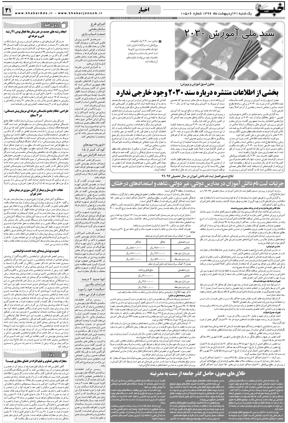 مشاهده صفحه ۳۱ روزنامه خبرجنوب تاریخ ۳۱  سال ۱۳۹۶