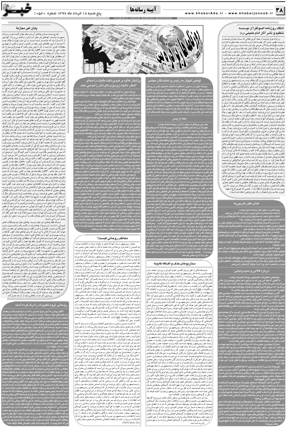 مشاهده صفحه ۳۸ روزنامه خبرجنوب تاریخ ۱۸  سال ۱۳۹۶