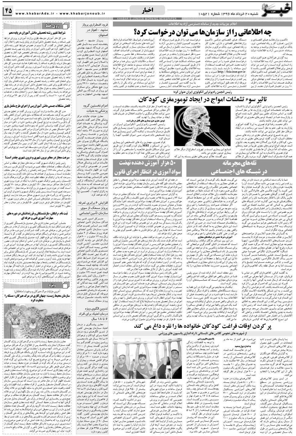 مشاهده صفحه ۴۵ روزنامه خبرجنوب تاریخ ۲۰  سال ۱۳۹۶