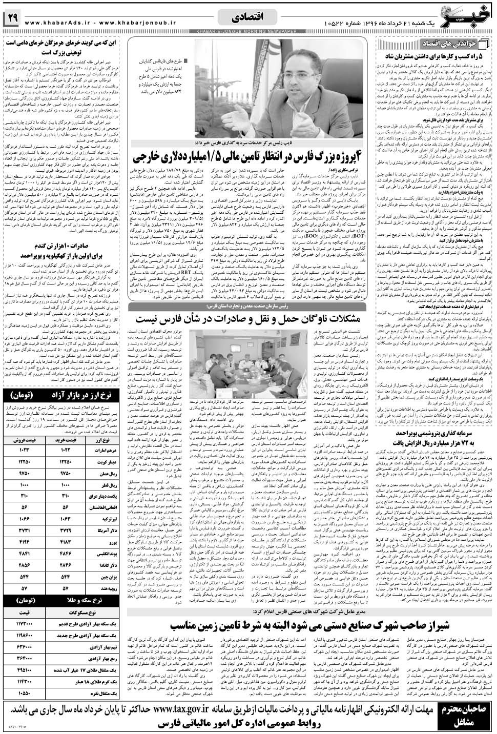 مشاهده صفحه ۲۹ روزنامه خبرجنوب تاریخ ۲۱  سال ۱۳۹۶