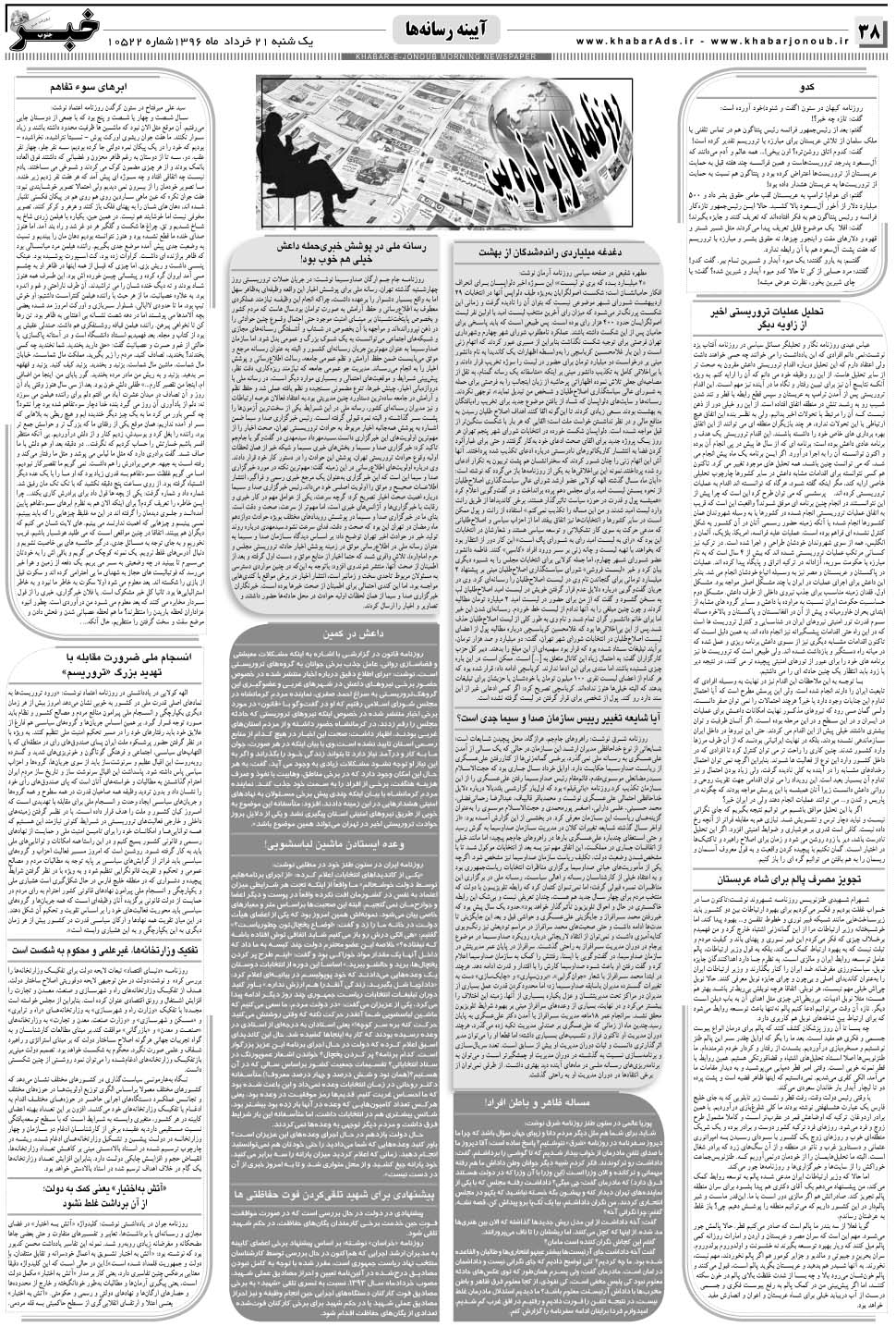 مشاهده صفحه ۳۸ روزنامه خبرجنوب تاریخ ۲۱  سال ۱۳۹۶