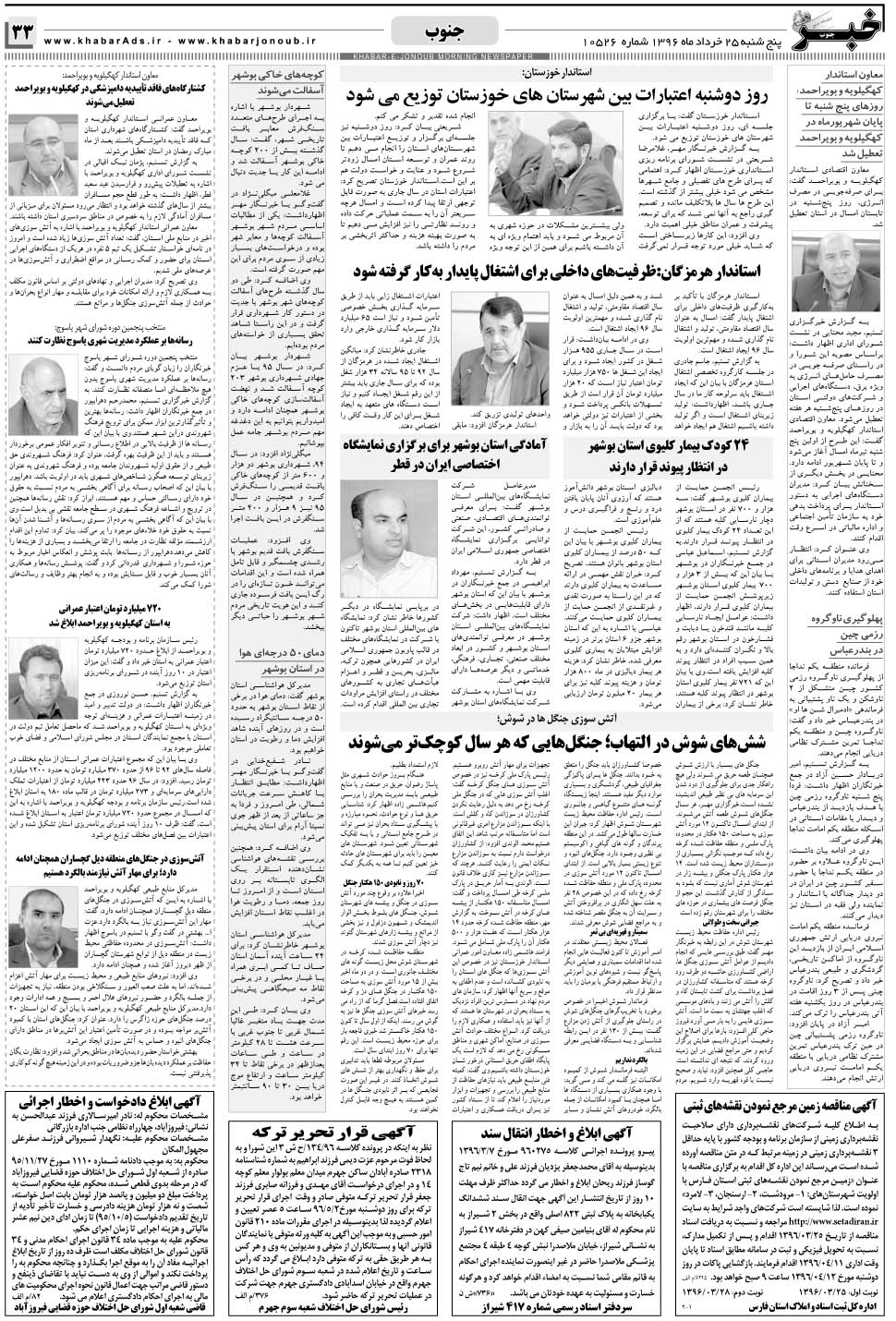 مشاهده صفحه ۳۳ روزنامه خبرجنوب تاریخ ۲۵  سال ۱۳۹۶