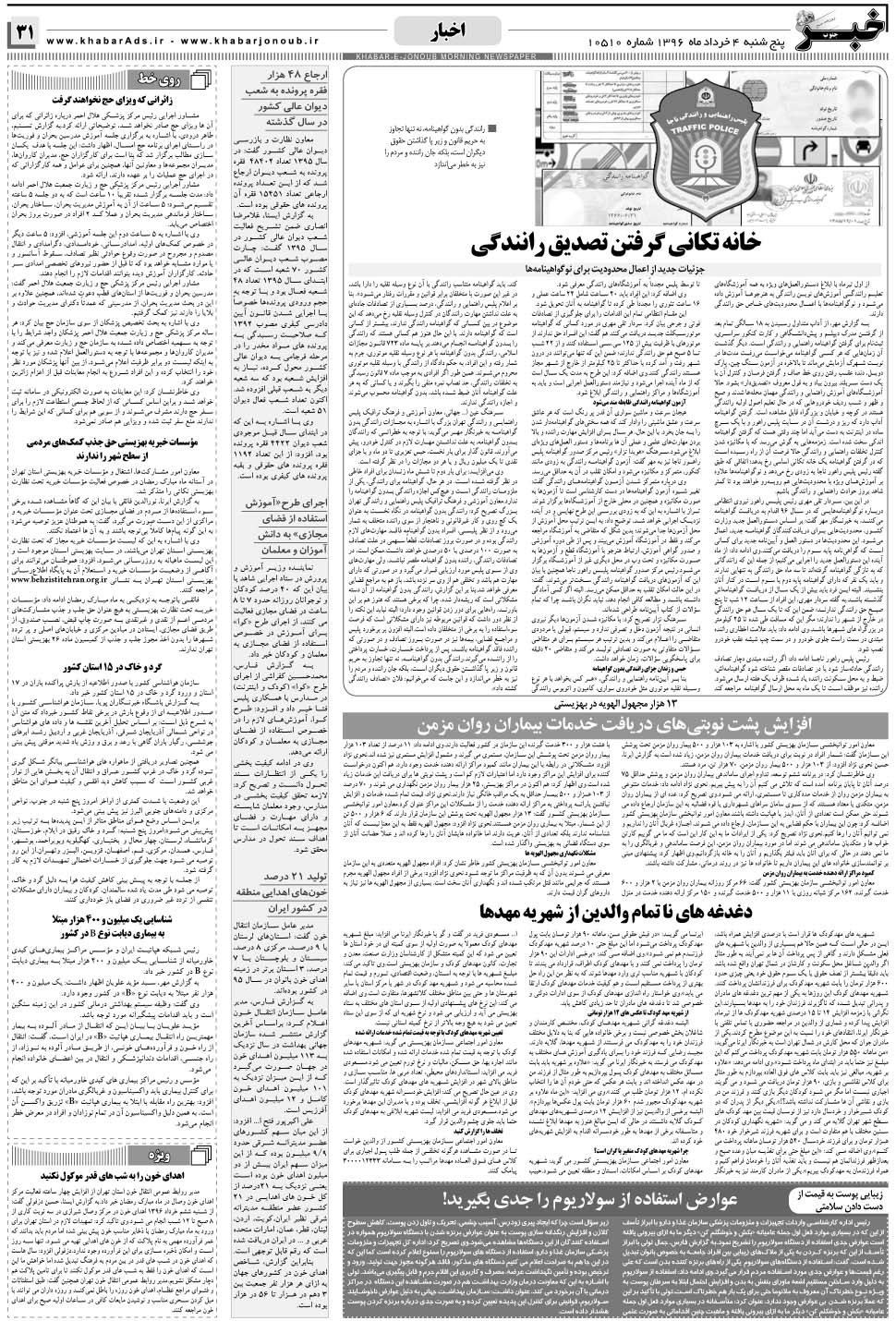 مشاهده صفحه ۳۱ روزنامه خبرجنوب تاریخ ۴  سال ۱۳۹۶