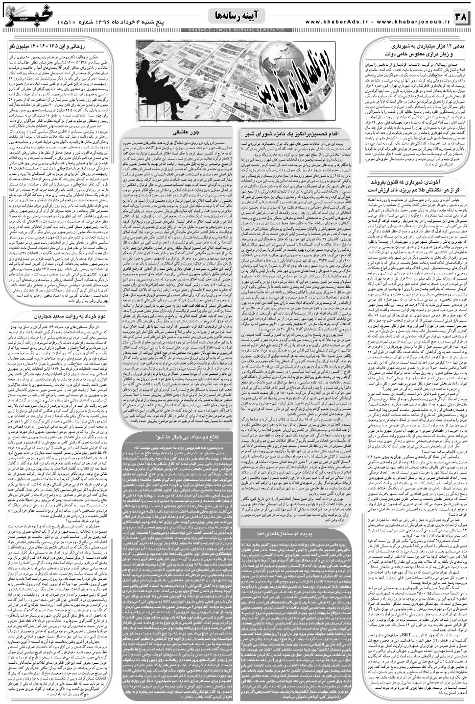 مشاهده صفحه ۳۸ روزنامه خبرجنوب تاریخ ۴  سال ۱۳۹۶