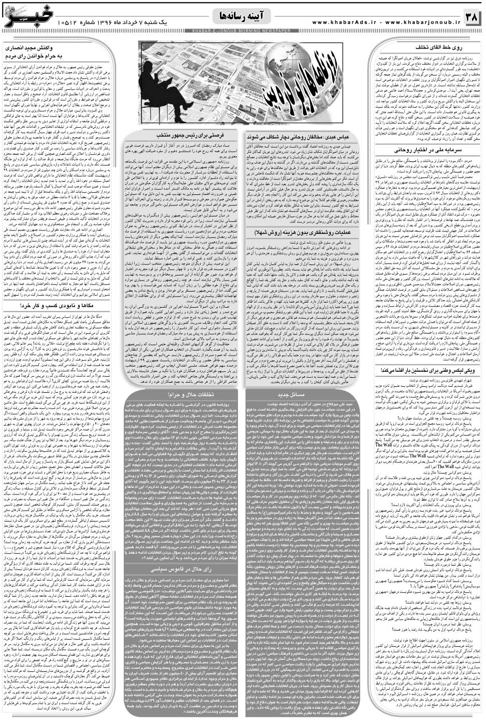 مشاهده صفحه ۳۸ روزنامه خبرجنوب تاریخ ۷  سال ۱۳۹۶