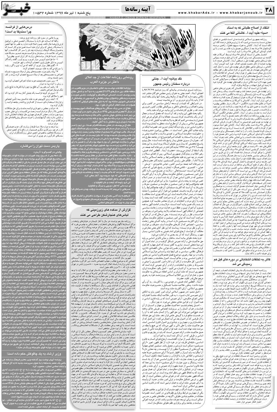 مشاهده صفحه ۳۸ روزنامه خبرجنوب تاریخ ۱  سال ۱۳۹۶