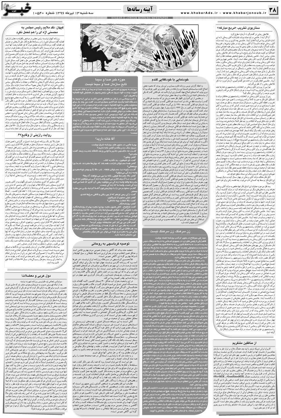 مشاهده صفحه ۳۸ روزنامه خبرجنوب تاریخ ۱۳  سال ۱۳۹۶