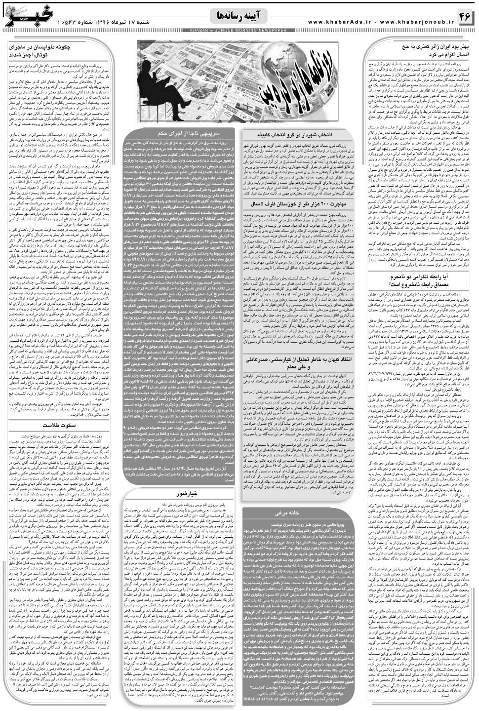 مشاهده صفحه ۴۶ روزنامه خبرجنوب تاریخ ۱۷  سال ۱۳۹۶
