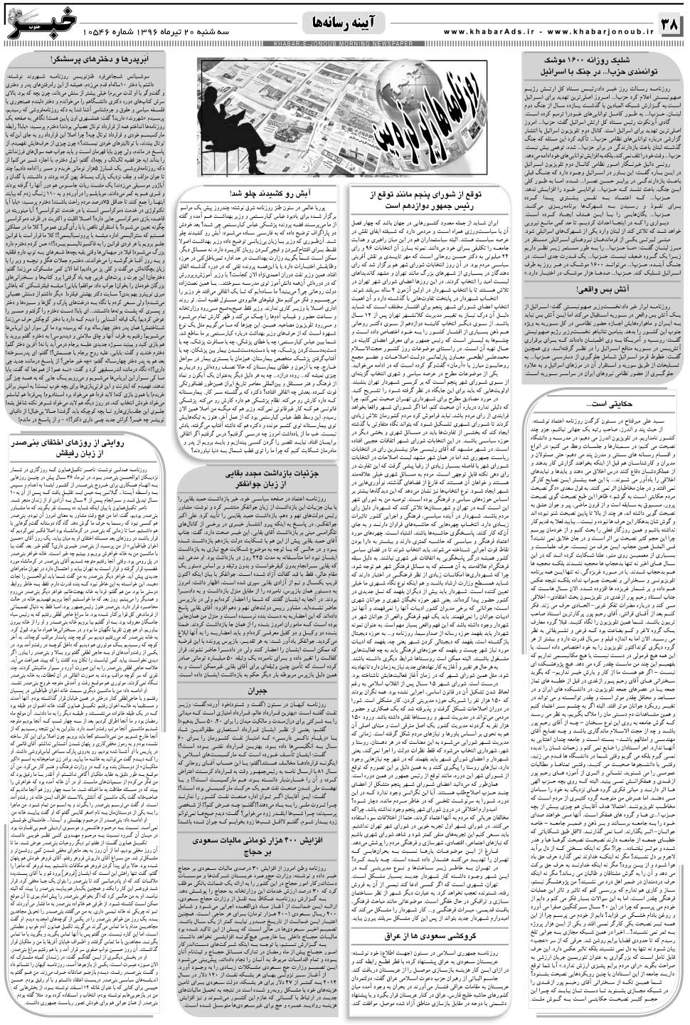 مشاهده صفحه ۳۸ روزنامه خبرجنوب تاریخ ۲۰  سال ۱۳۹۶