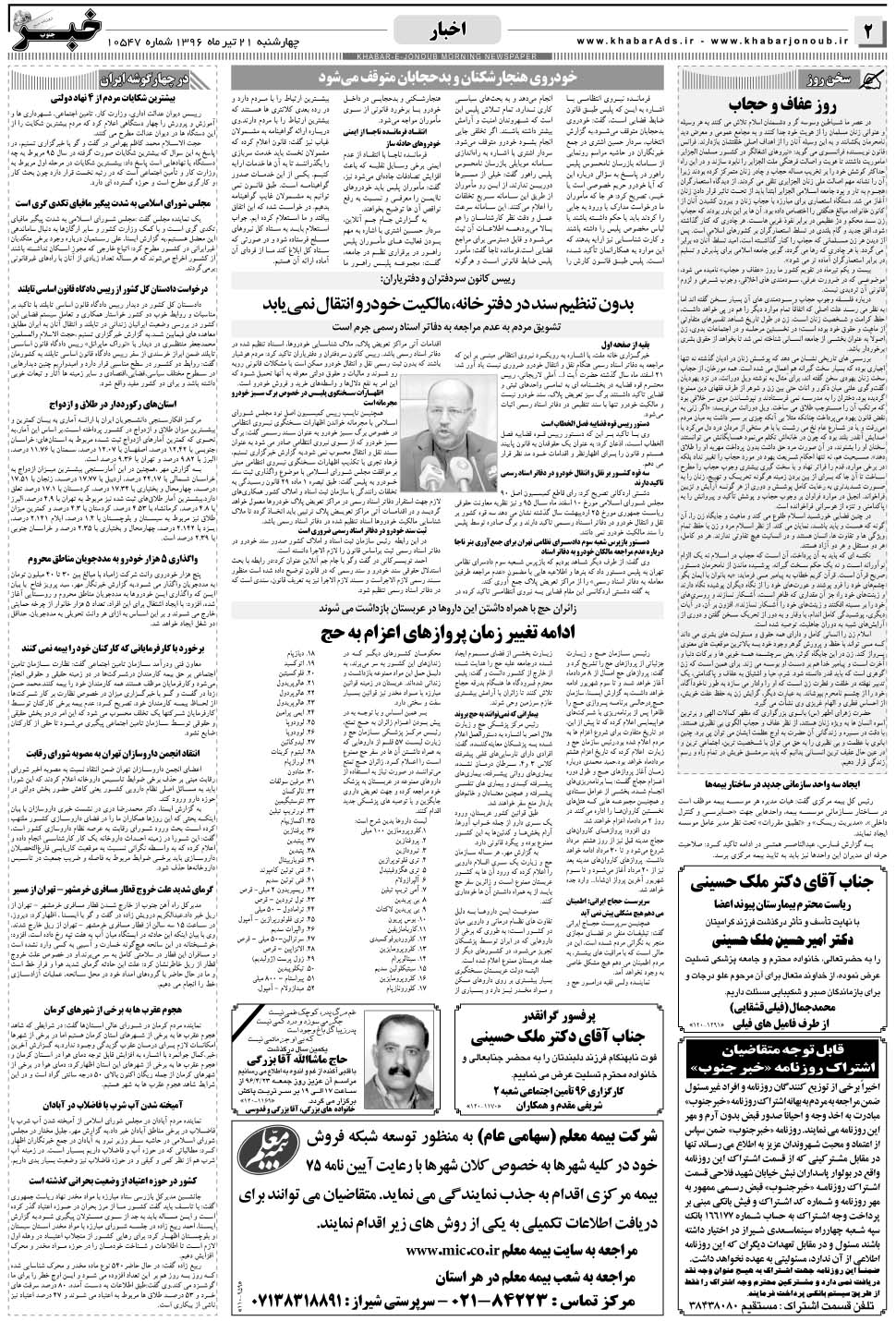 مشاهده صفحه ۲ روزنامه خبرجنوب تاریخ ۲۱  سال ۱۳۹۶