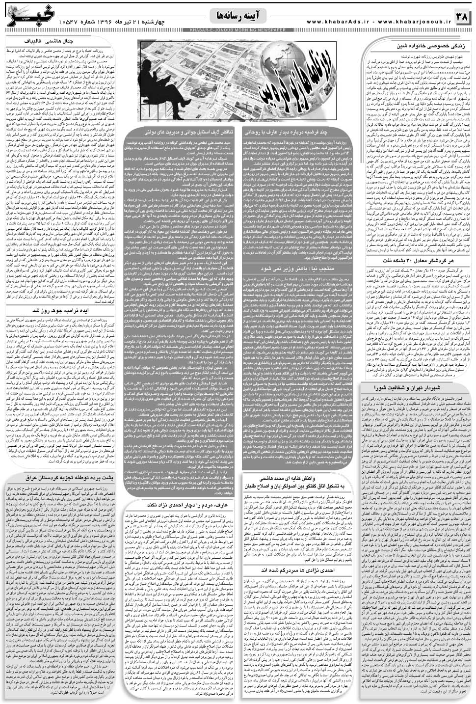 مشاهده صفحه ۳۸ روزنامه خبرجنوب تاریخ ۲۱  سال ۱۳۹۶